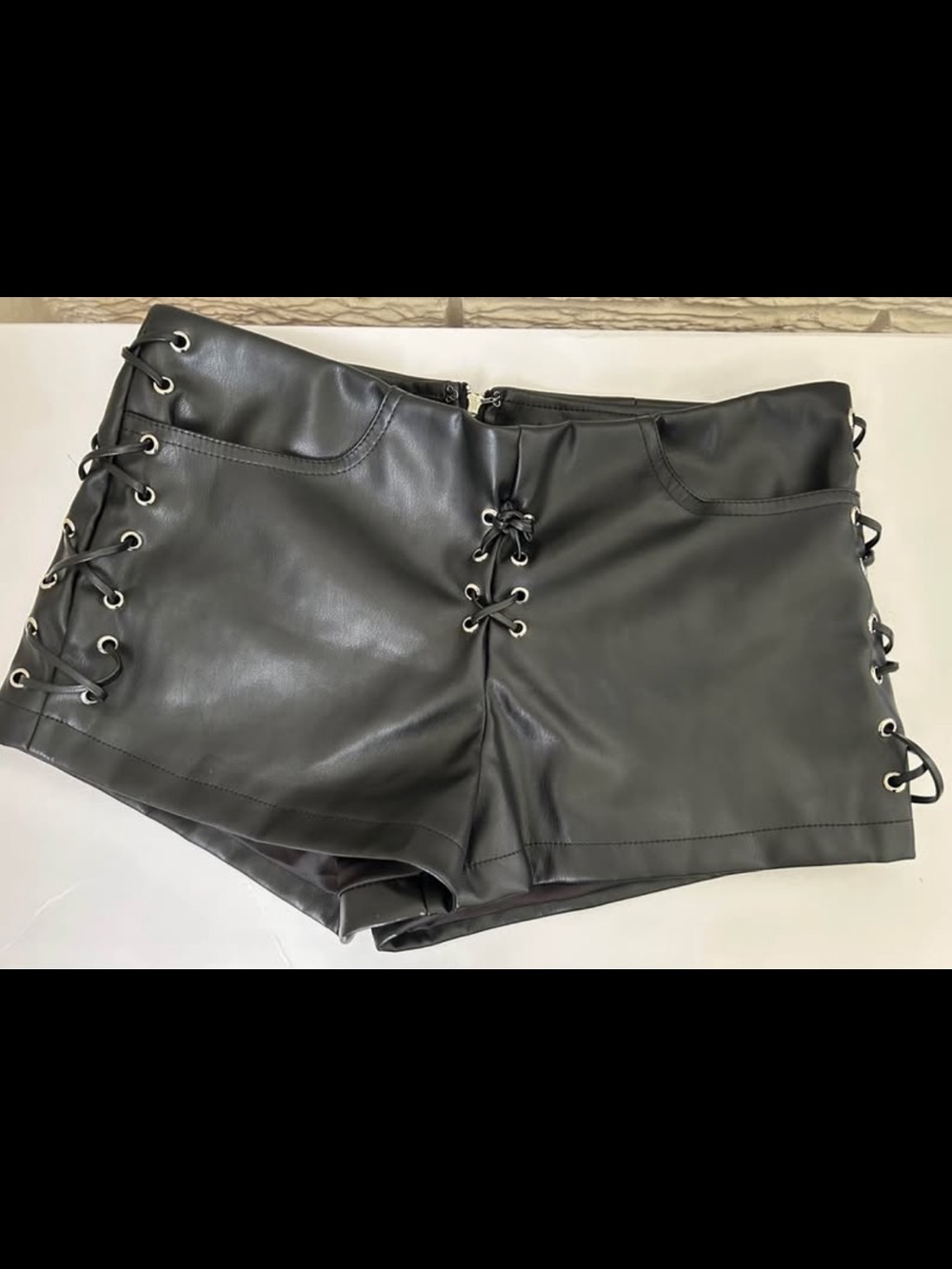 Princess Polly Black Faux Leather High-Waist Lace-Up Shorts